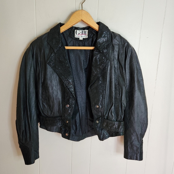 Leather Jacket vintage 80s 90s crop cropped big wide shoulders tapered black S - Picture 2 of 14